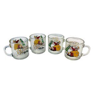 Anchor Hocking Santa Seasons Greetings Christmas Glass Coffee Mugs Cups 4PC Set